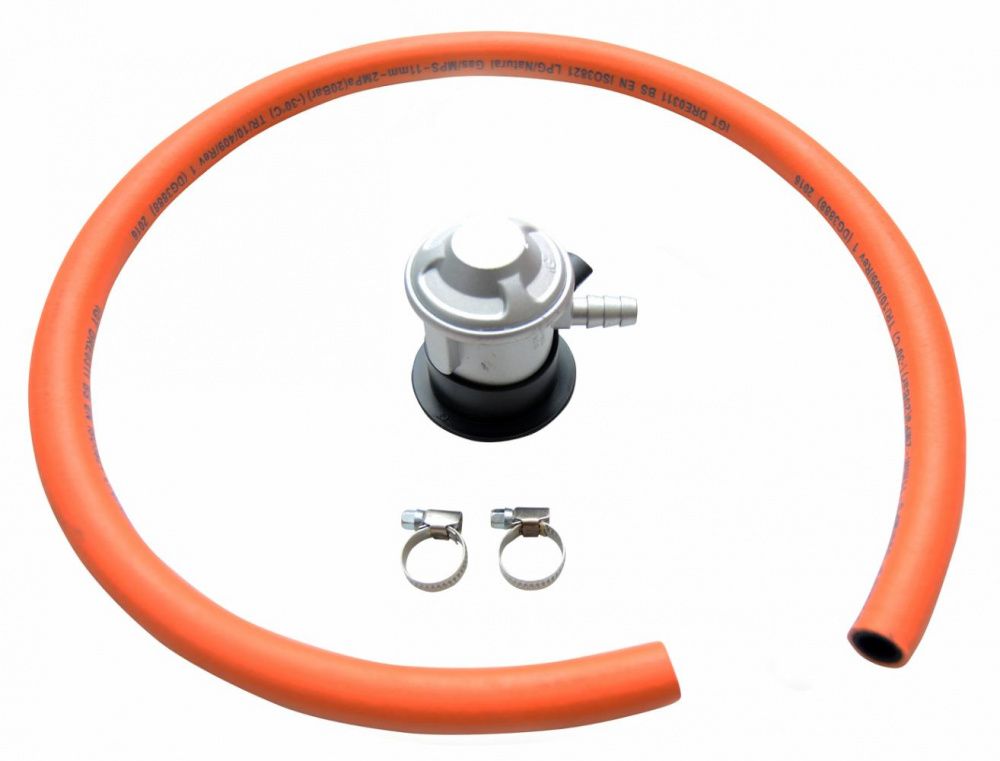 Gass regulator og slange 1,1 m Inkl. strammebånd Pakket i pose m
